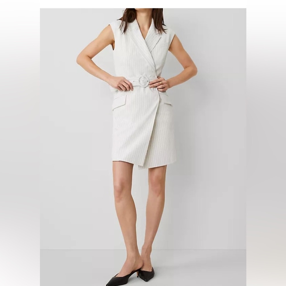 NWT Ann Taylor Ivory Pinstripe Sleeveless Belted Lapel Dress